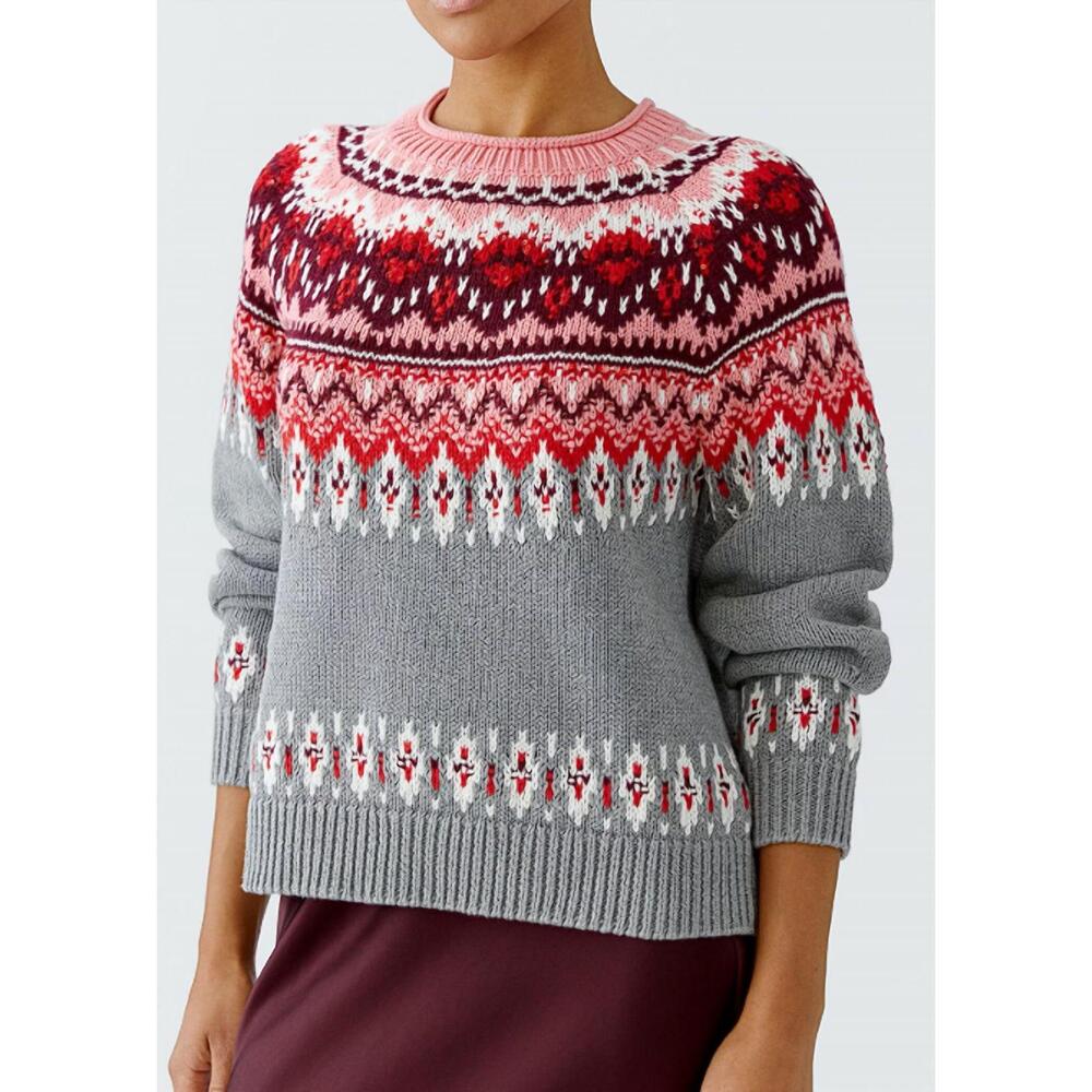 NEW OUI fair isle sweater top in grey/red